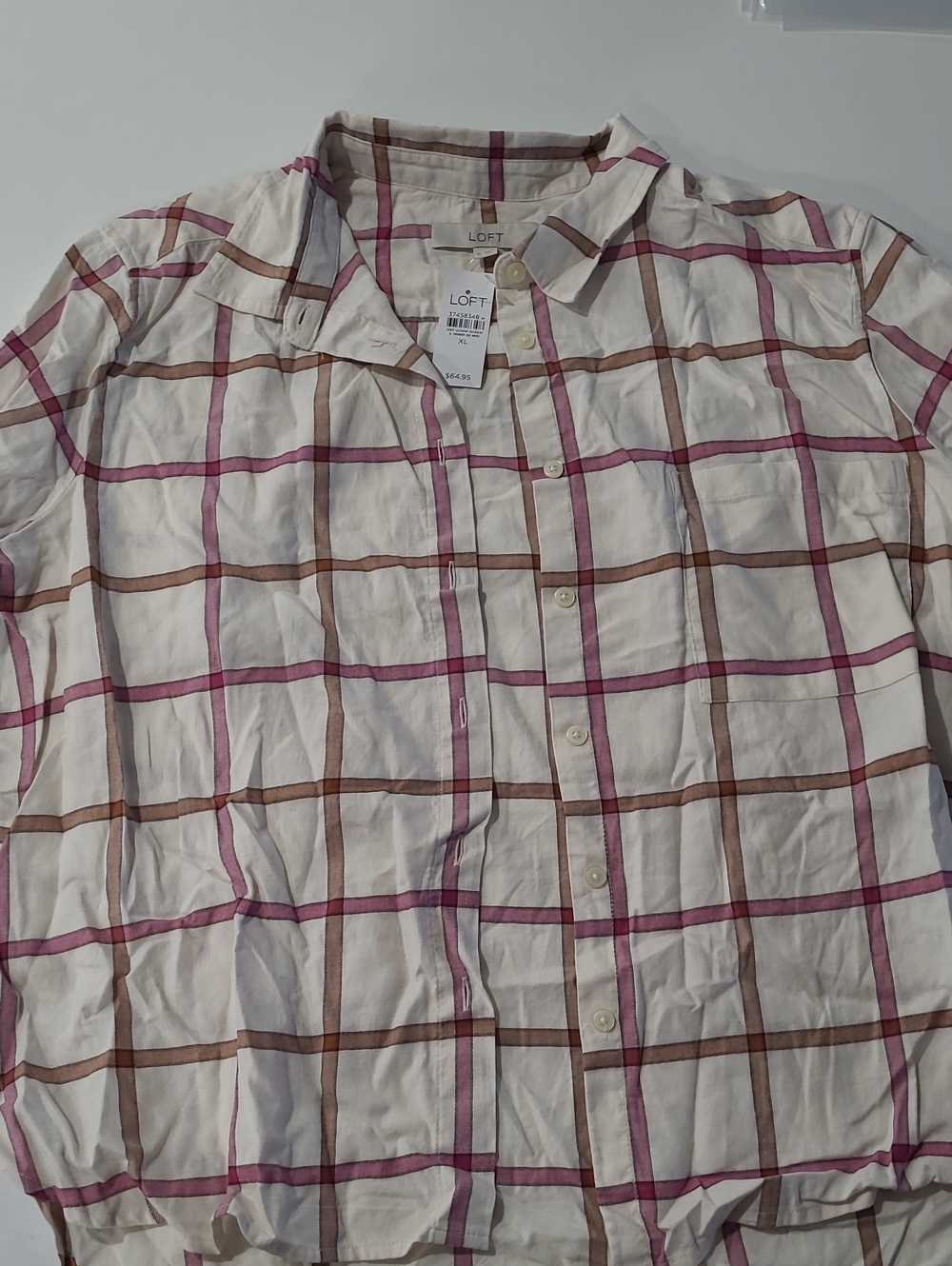 LOFT Men’s Cream Button-Down Shirt with Pink and Brown Plaid
